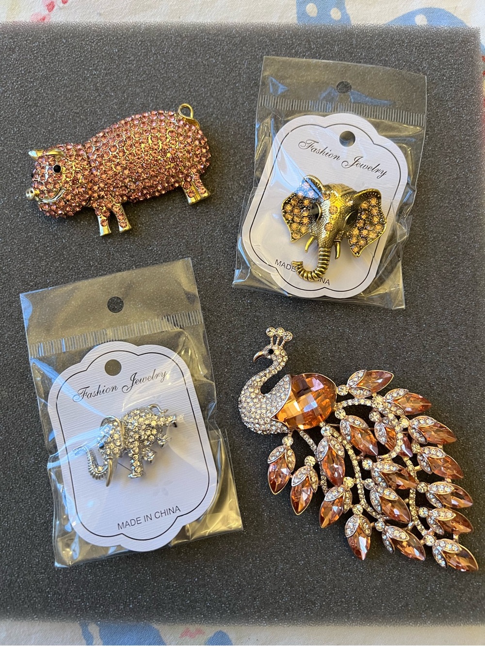 Gold Tone Pink Rhinestone Animal Brooch Pin Lot Pig Elephant Peacock Assorted